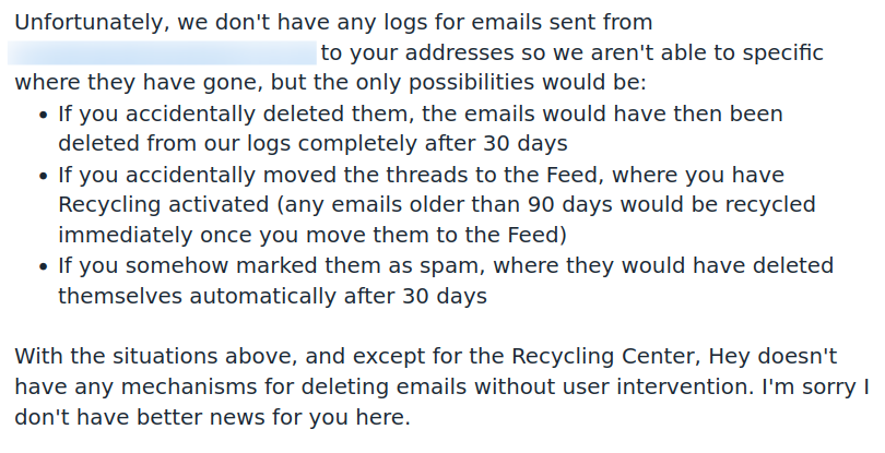 support from hey which blames me for the missing emails